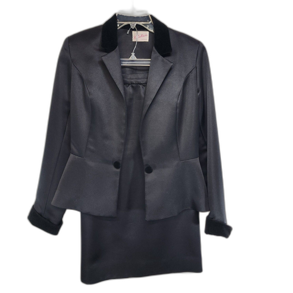 Vintage 70's Elissa of California Black Satin Skirt Suit Set Size 10